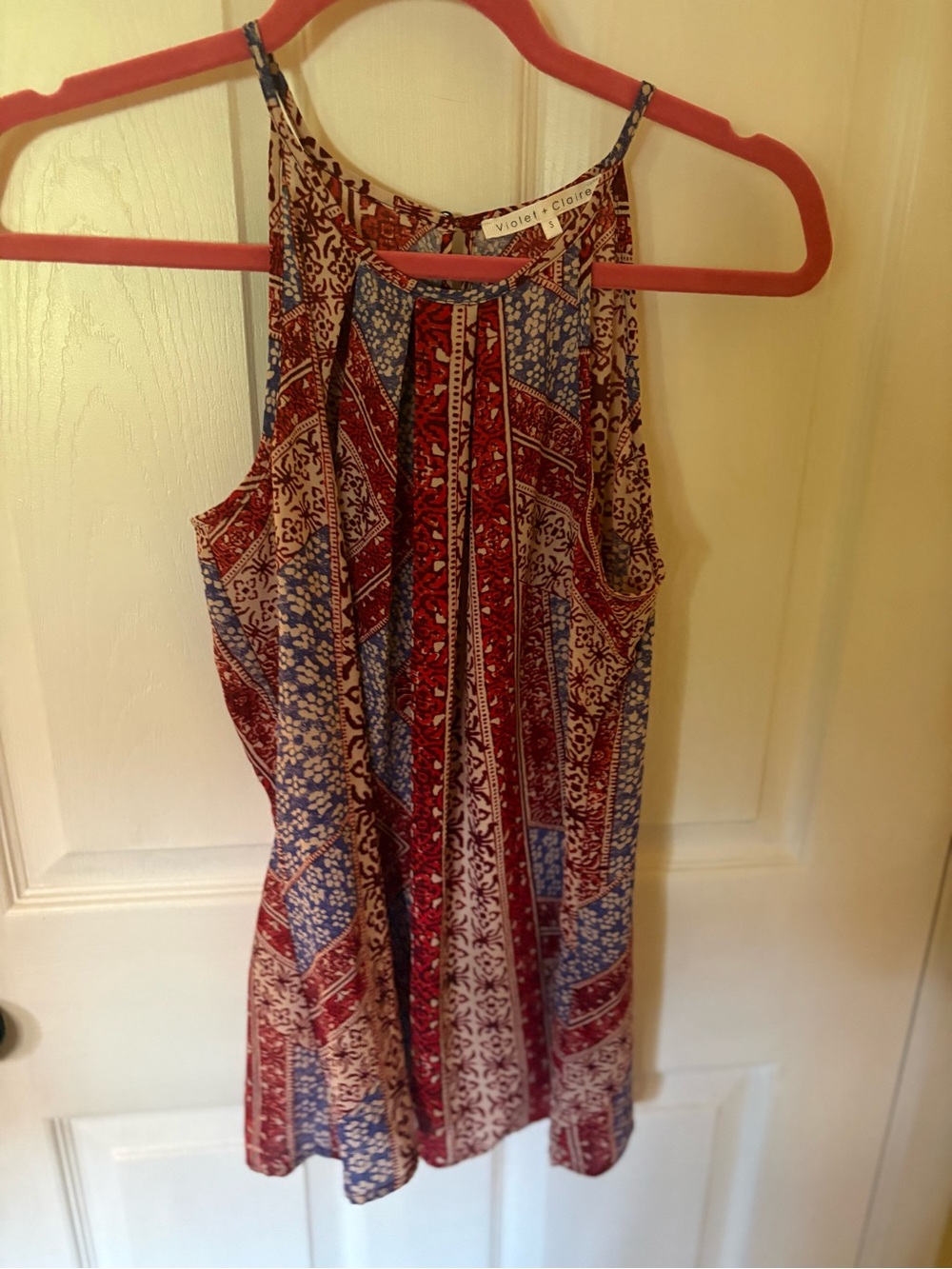 Violet & Claire Mixed Print Sleeveless Tank - Red, Blue & Cream